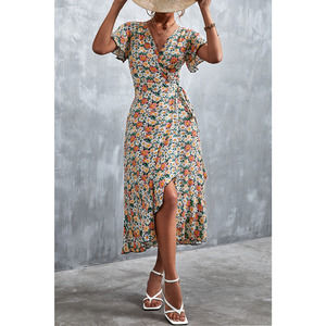 Boho Ditsy Floral V-Neck Asymmetrical Wrapped Dress